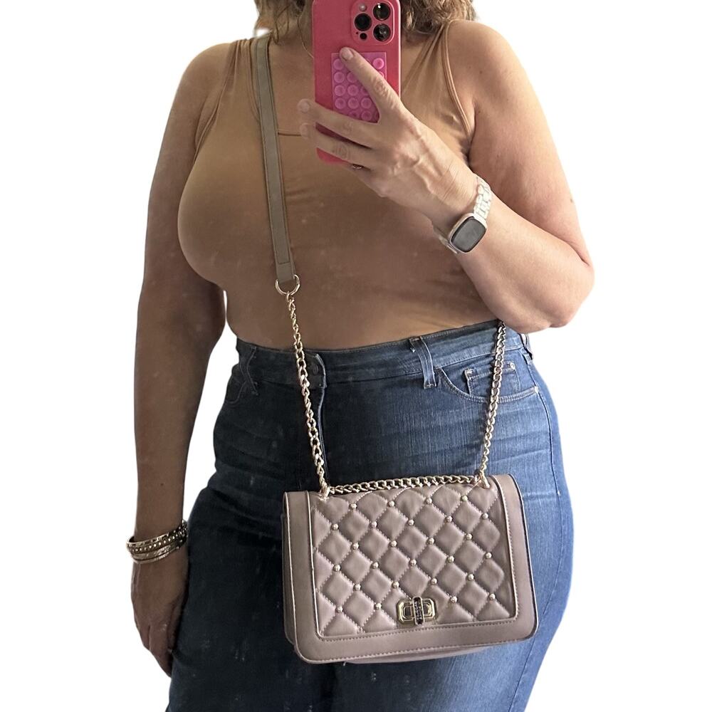 Badgley Mischka
 Beige Studded Quilted Crossbody Bag/Handbag Size 9" x 7" Vegan